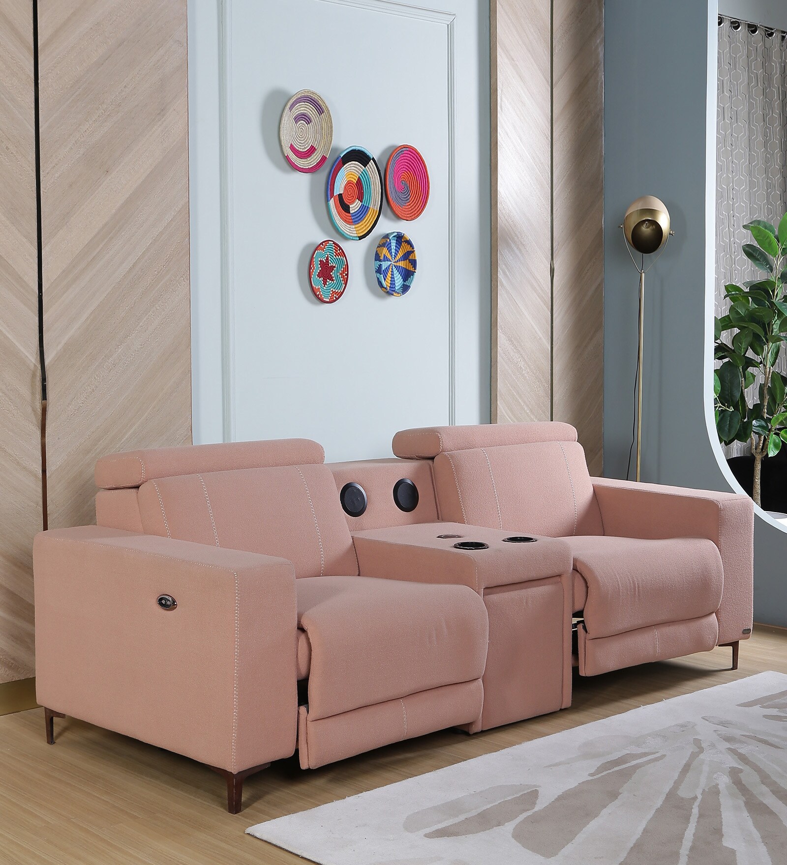 Bologna Fabric 2 Seater Motorized Recliner with Speaker and Charger In Pink Colour Bologna Fabric 2 Seater Motorized Recliner with Speaker and Charger In Pink Colour