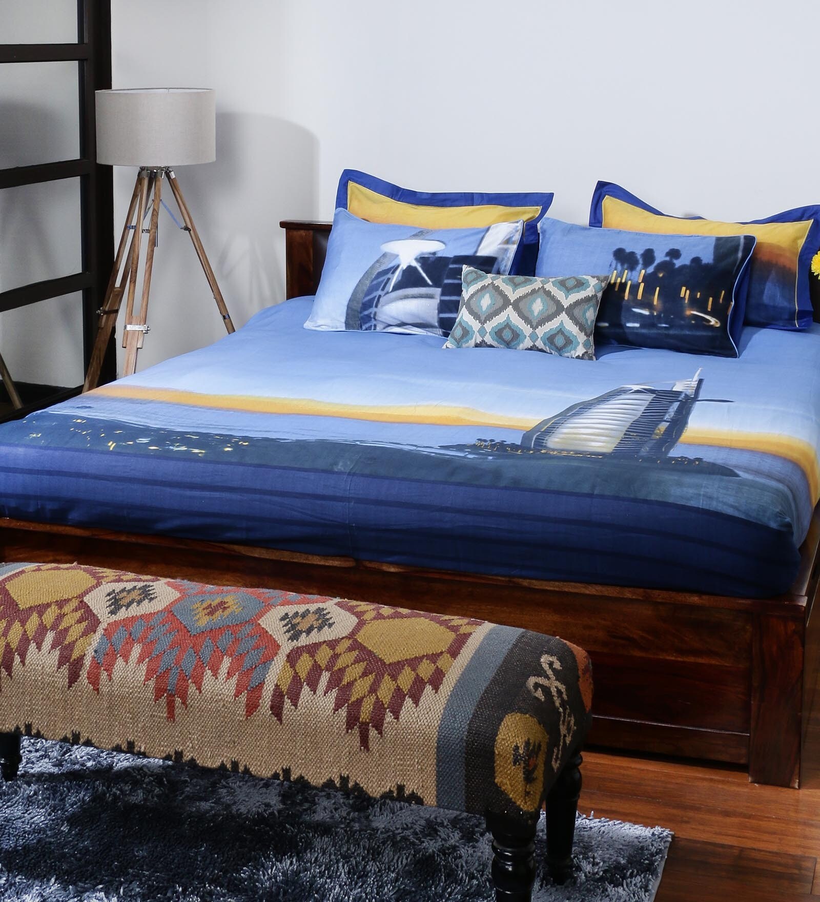 Buy Around The World Blue Cotton Solid Double Bed Sheet (with Pillow