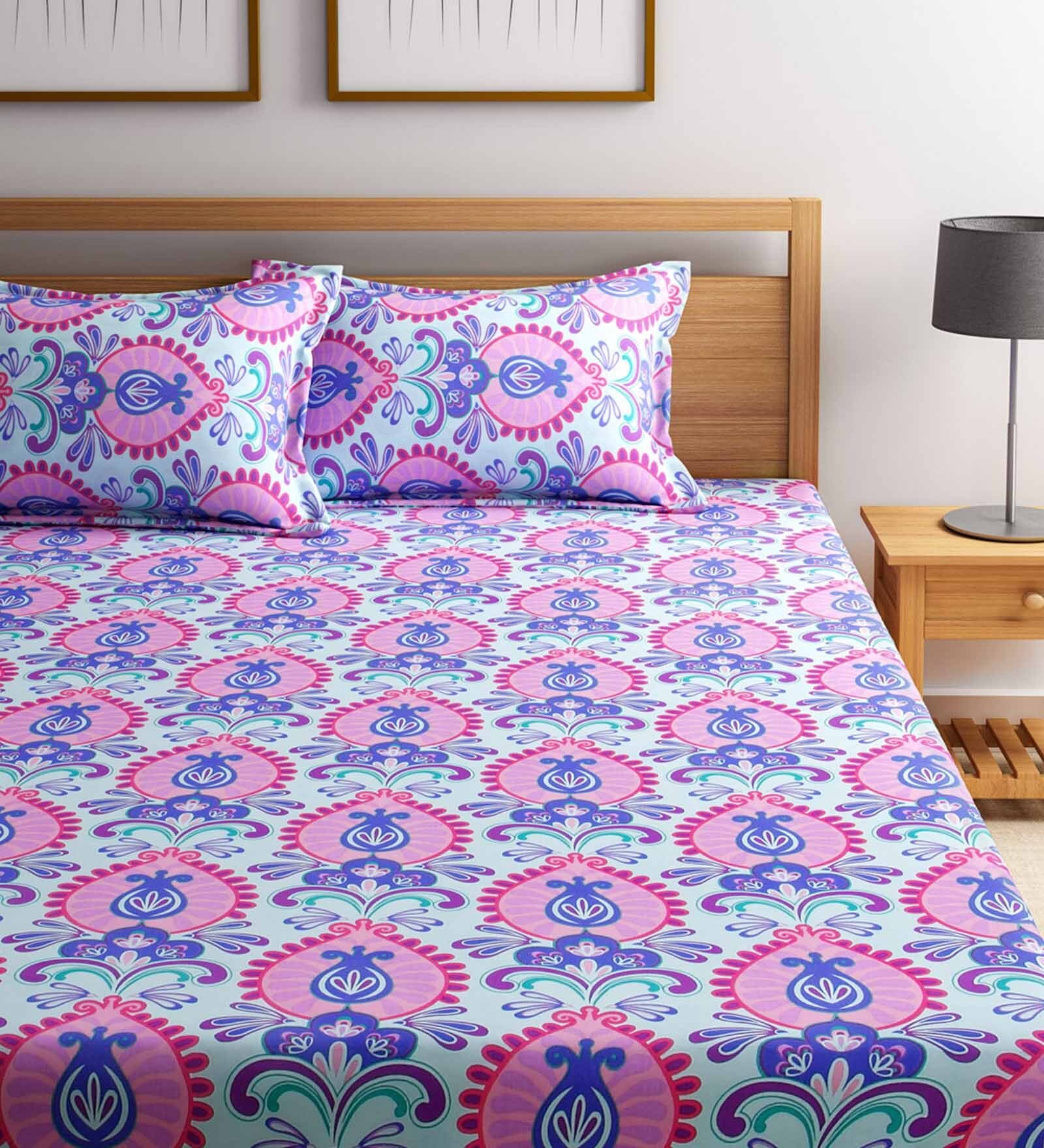 Buy Bombay Dyeing Blue Cotton 91 x 101 Inch Queen Bed Sheet With Two