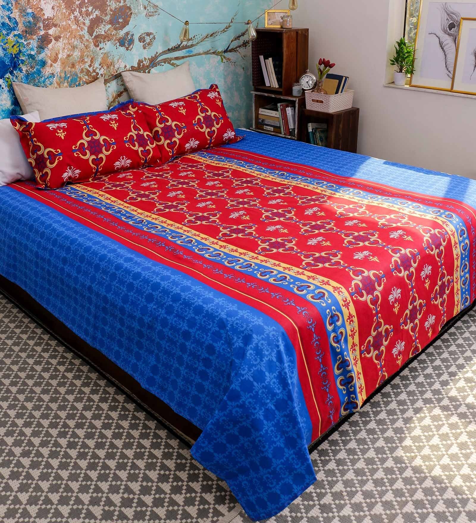 Buy Red 100 Cotton Queen Size Cardinal Bed Sheet Set of 3 by Bombay