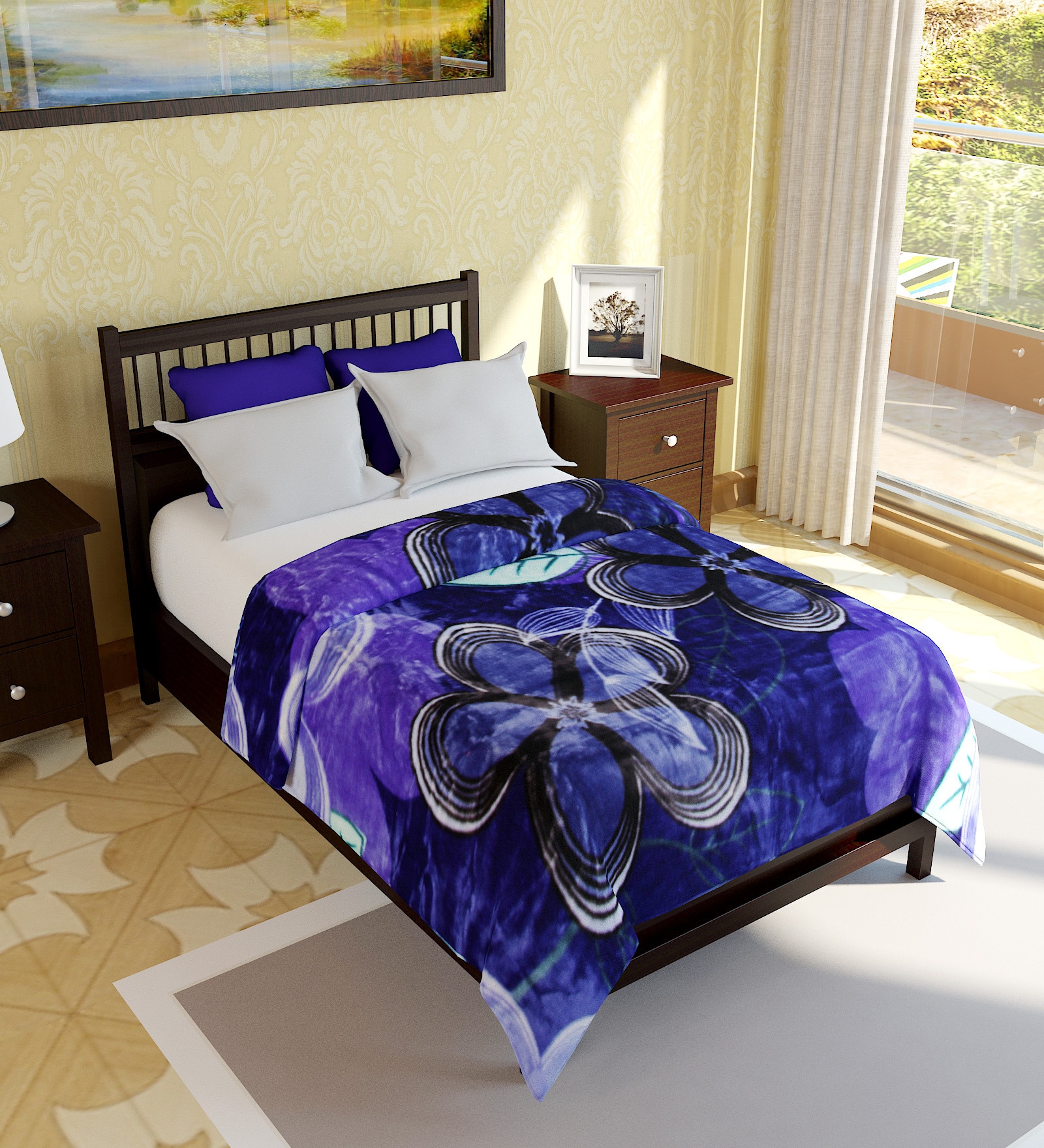 Buy Trident Blue Polyester Floral 94 x 86 Inch Mink Blanket by Bombay