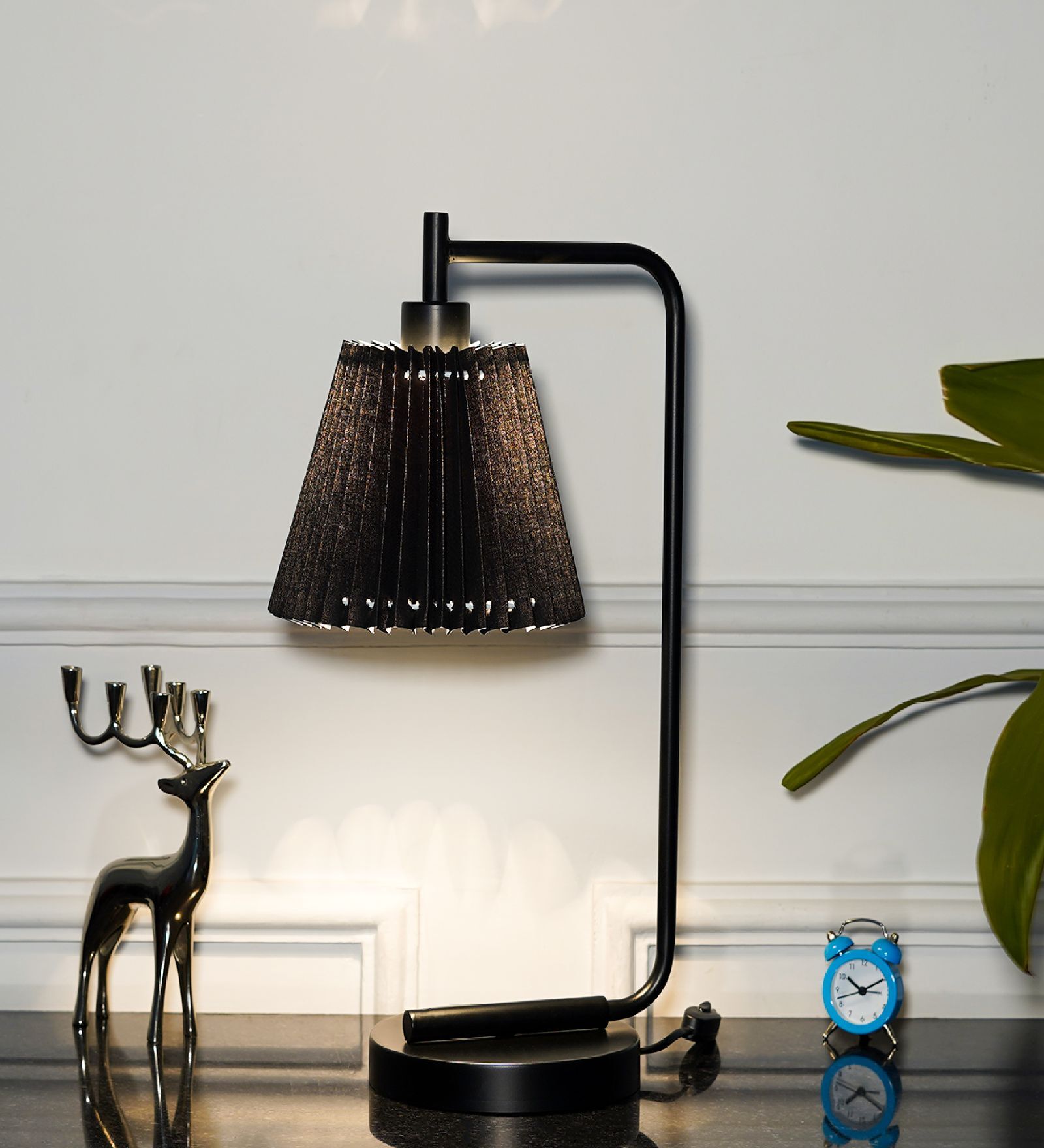 Bond Black Metal Study Table Lamp with Black Pleated Shade