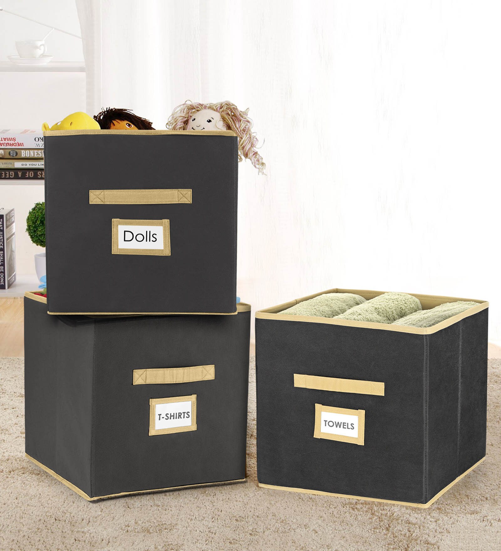 Black & Beige Polypropylene & Cardboard Wardrobe Basket, Set of 3