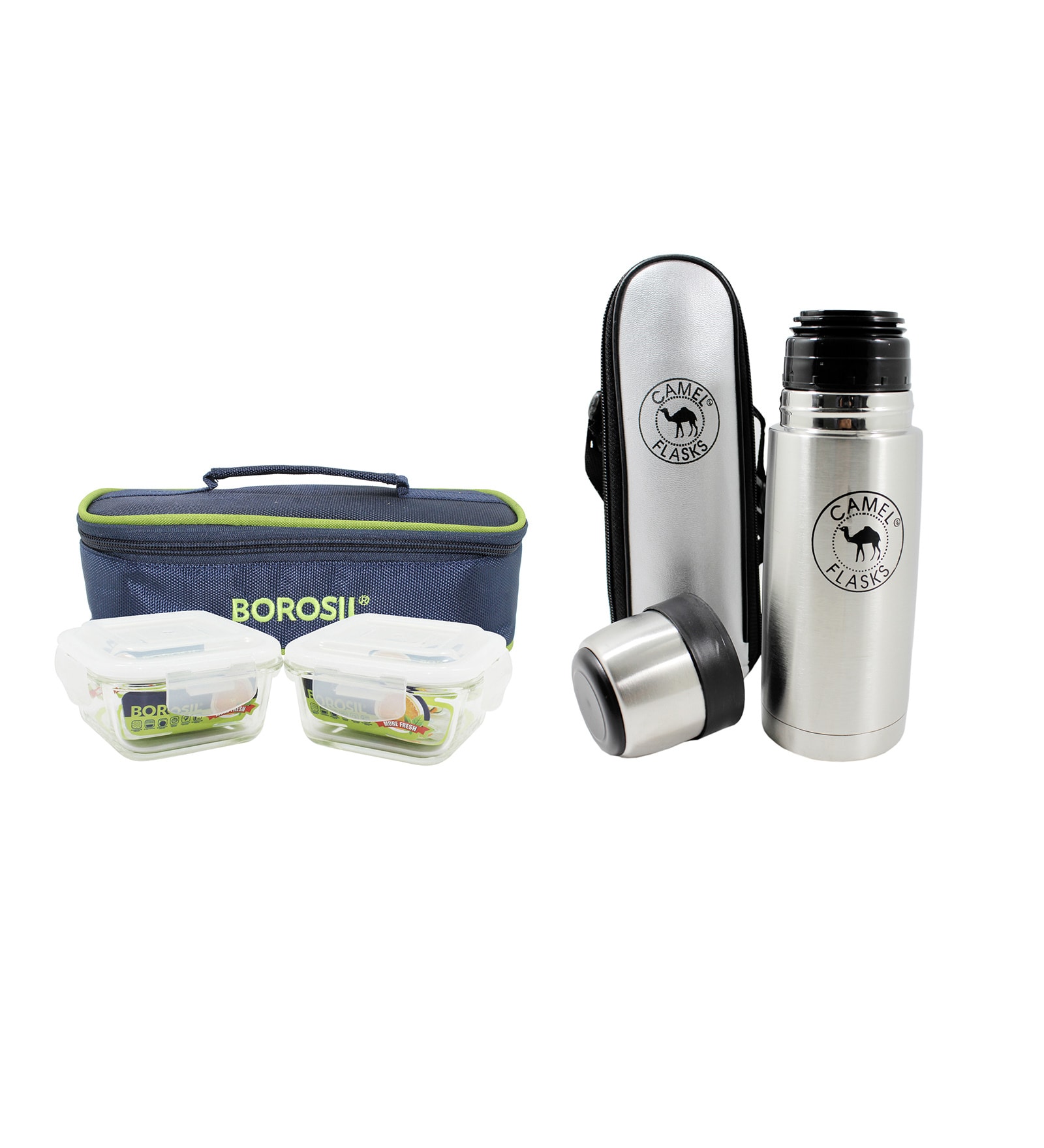 Borosil Transparent Borosilicate Glass 320 ML Tiffin Set with Stainless Steel Camel Flask