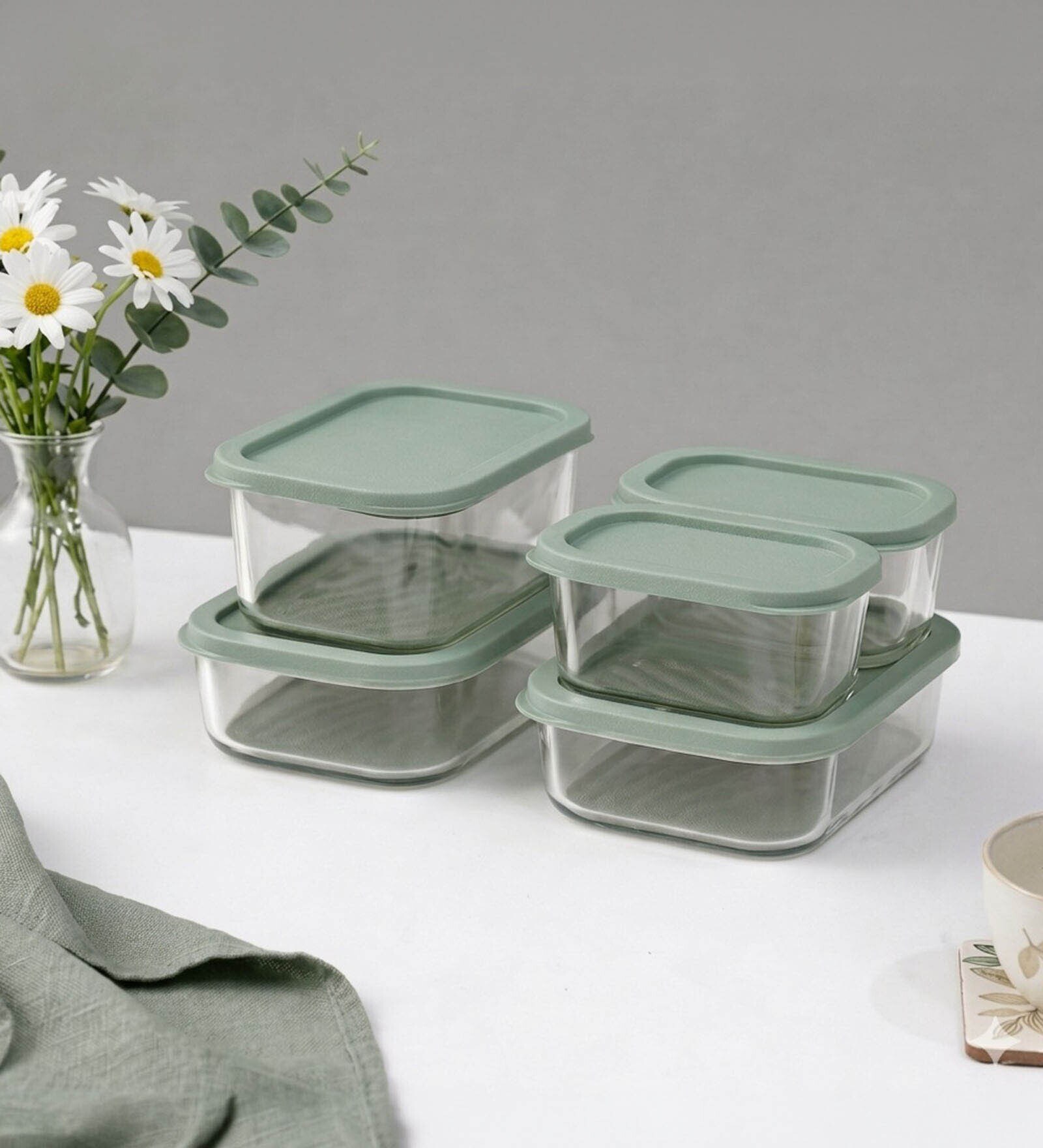 Borosilicate Glass Container Set With Airtight Lids,Large Container (750 ml) x 2 Medium Container (520 ml) x 1 Small Container (310 ml) x 2, Green