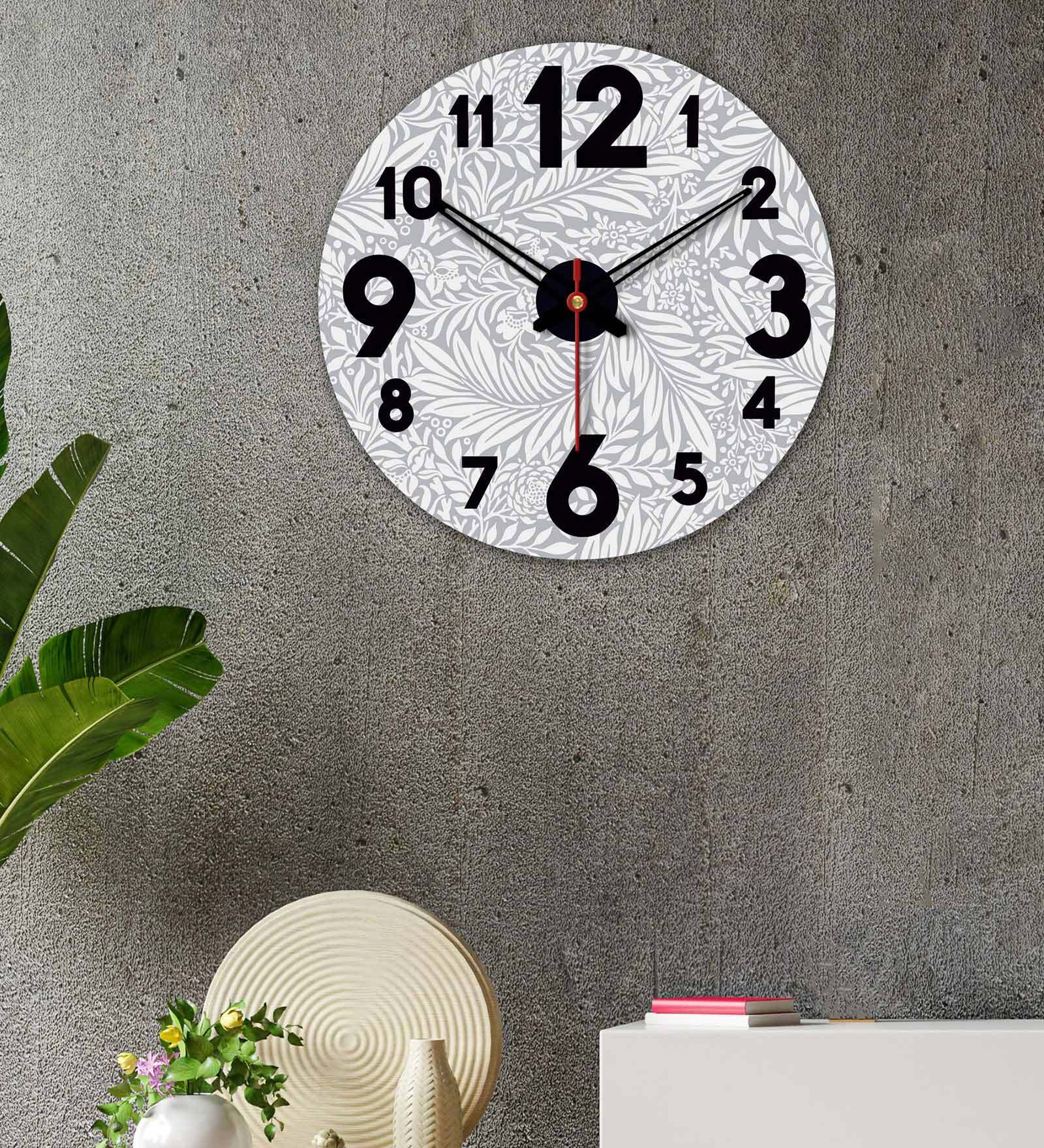 Botanical Leaves Print  Wood Wall Clock In Grey
