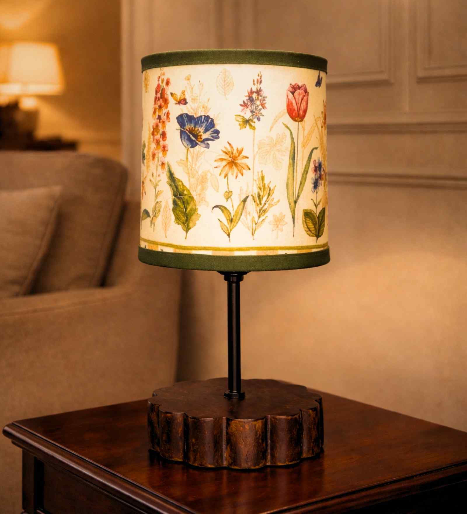 Botanical Printed Fabric Shade Table Lamp with Wooden Base