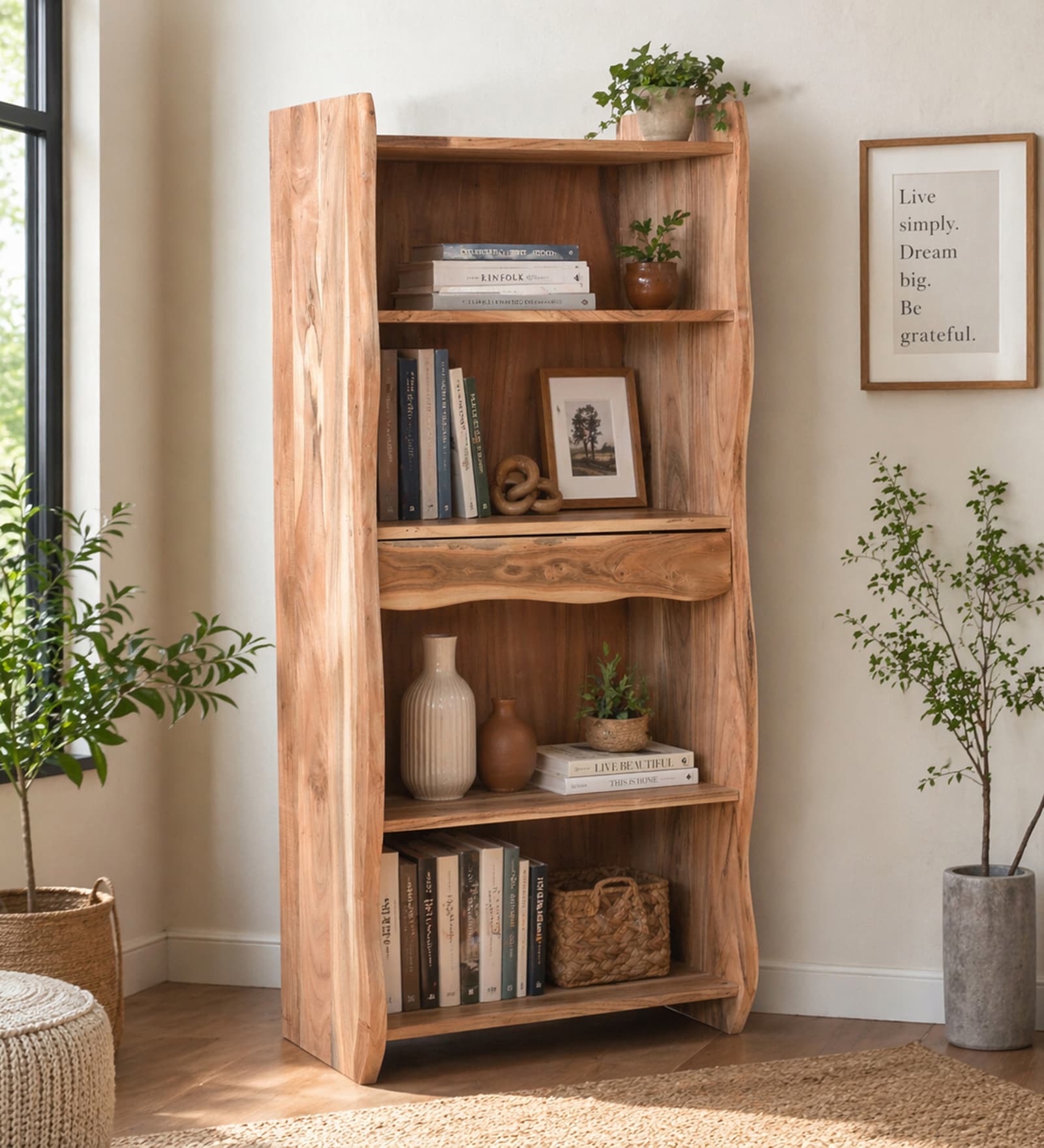 Botswana Acacia Wood Tall Bookshelf In Natural Finish