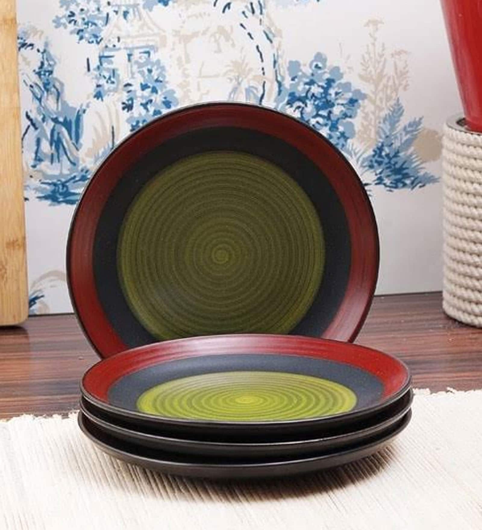 Bottle Green & Maroon 7 Inch (Set of 4) Ceramic Quarter Plate