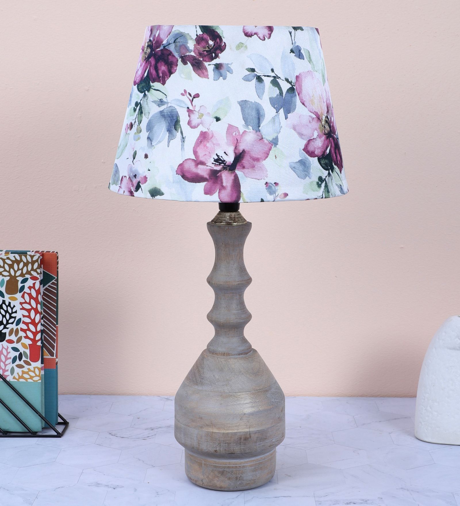 Bottle Shape Mangowood Table Lamp With Cobra Saffron Print Satin Shade