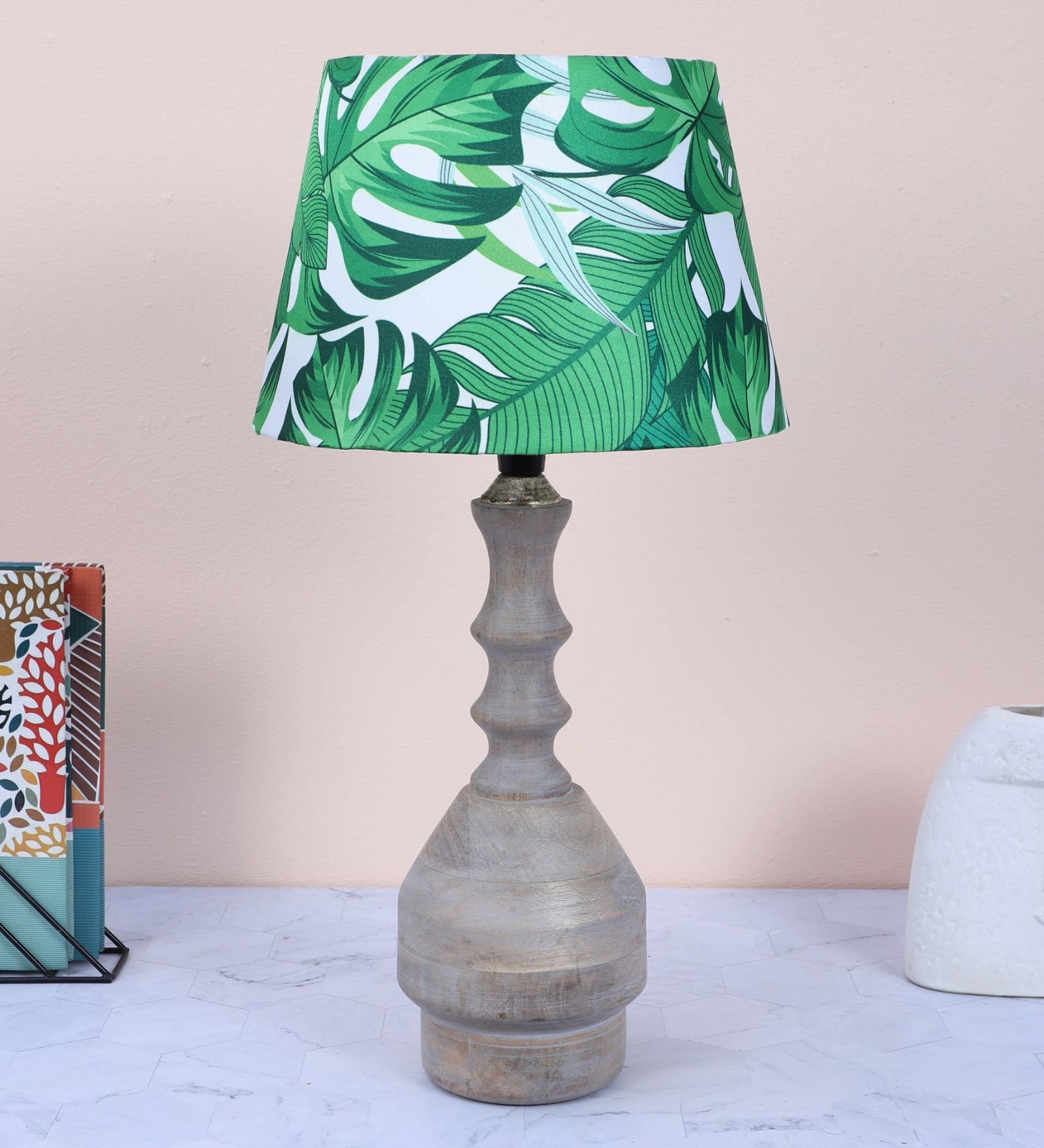 Bottle Shape Mangowood Table Lamp With Palm Print Satin Shade