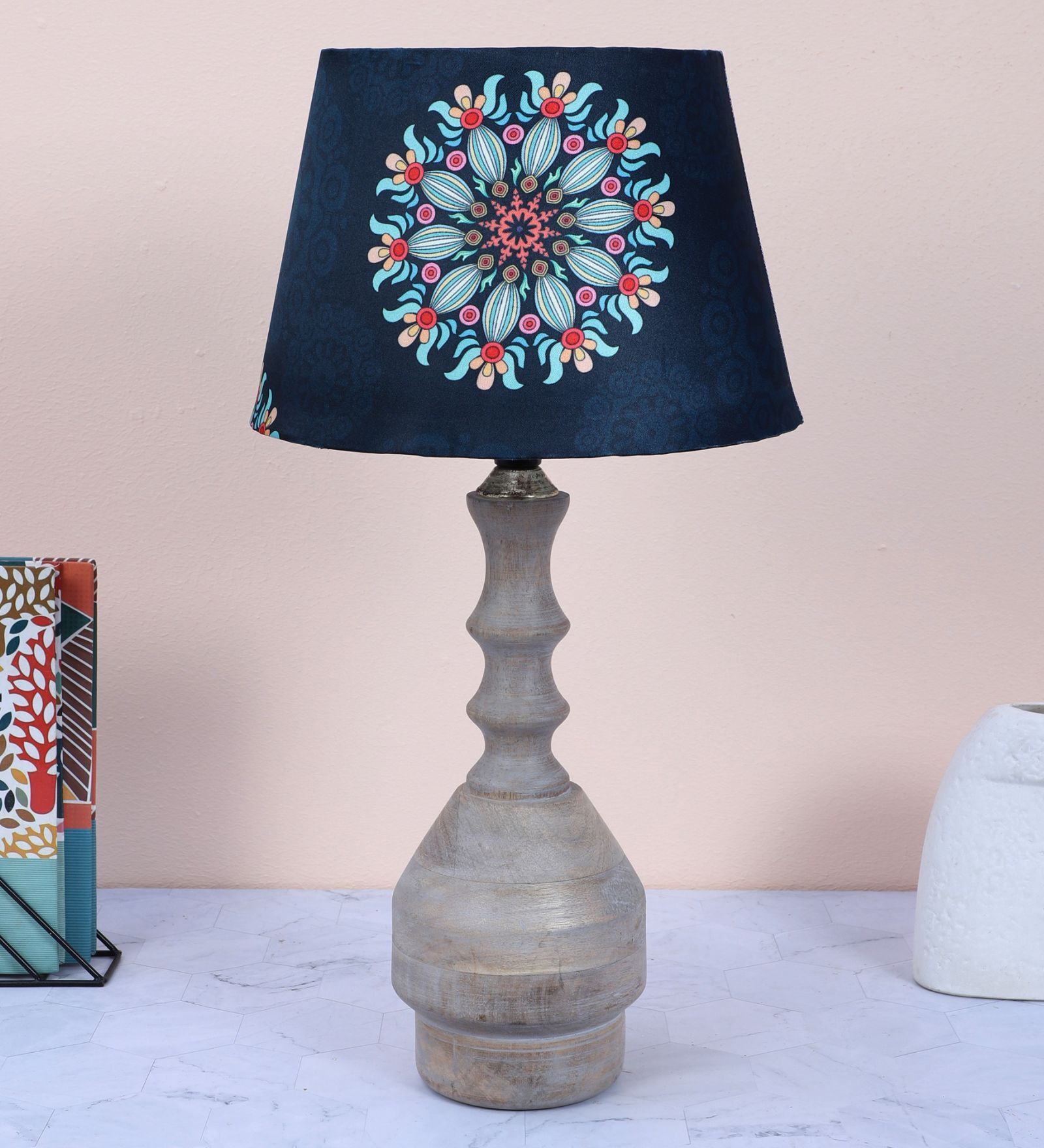 Bottle Shape Mangowood Table Lamp With French Floral Print Satin Shade