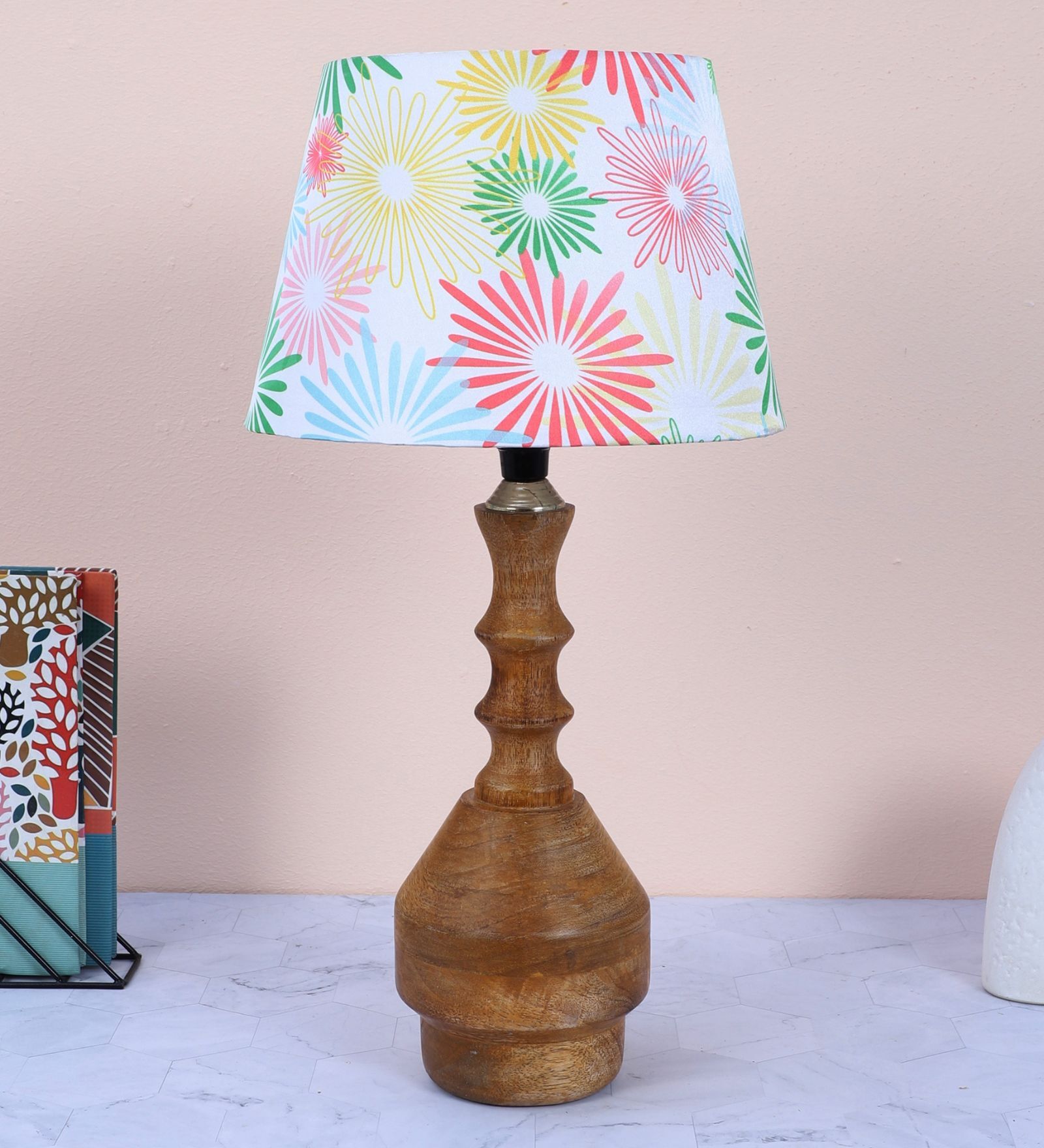 Bottle Shape Tan Color Mangowood Table Lamp With Floral Print Satin Shade