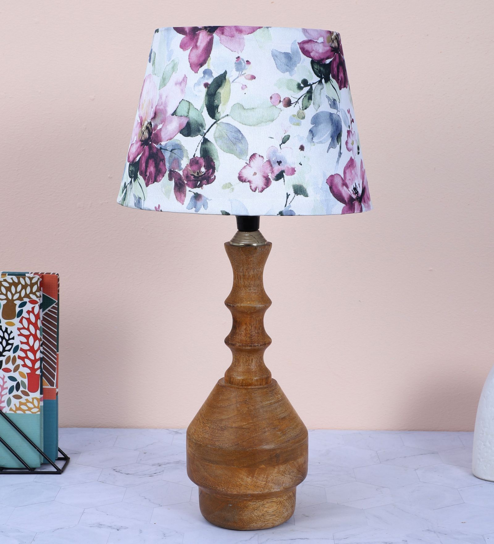 Bottle Shape Tan Color Mangowood Table Lamp With Cobra Saffron Print Satin Shade