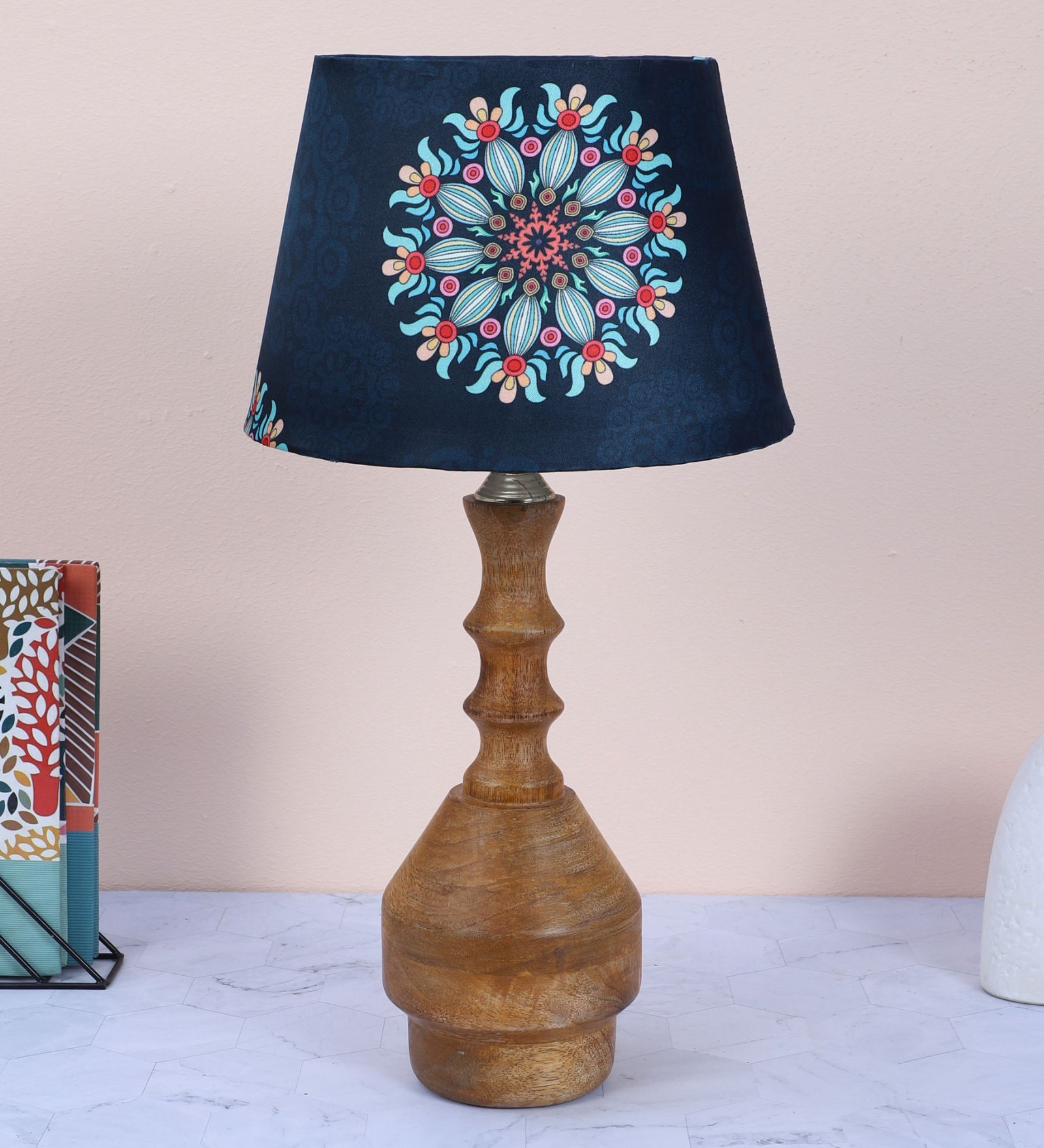 Bottle Shape Tan Color Mangowood Table Lamp With French Floral Print Satin Shade
