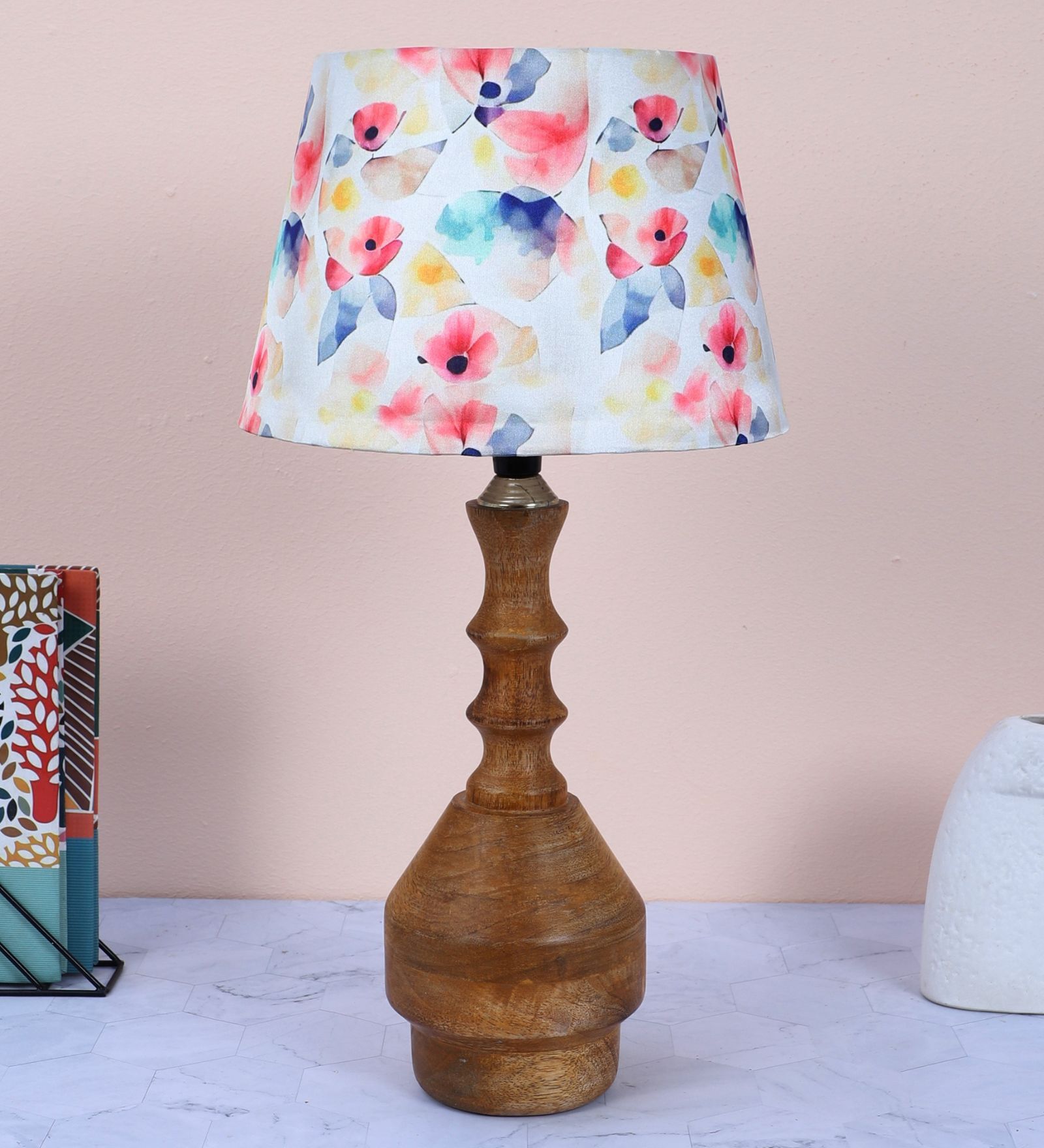 Bottle Shape Tan Color Mangowood Table Lamp With Flower Print Satin Shade