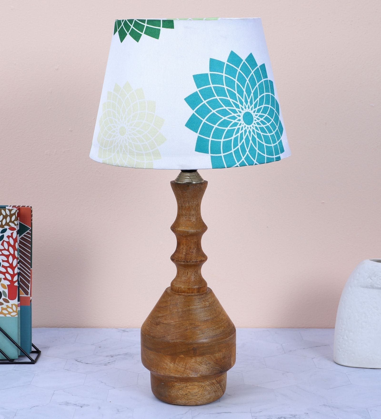 Bottle Shape Tan Color Mangowood Table Lamp With Dahlia Floral Print Satin Shade