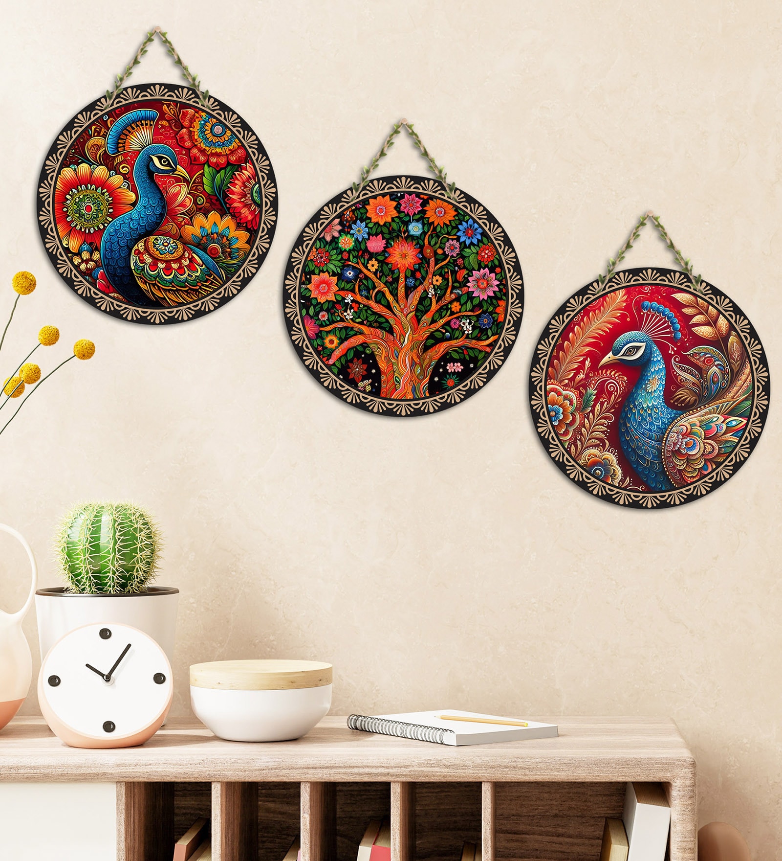 Set of 3  Floral Tree Peacock Round Wall Art