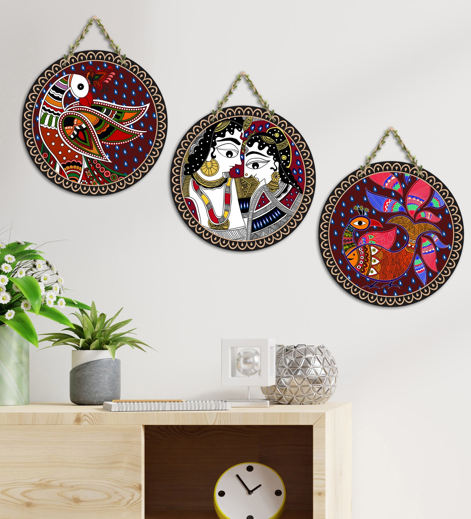 Set of 3  Madhubani Couple Bird Tree Wall Art