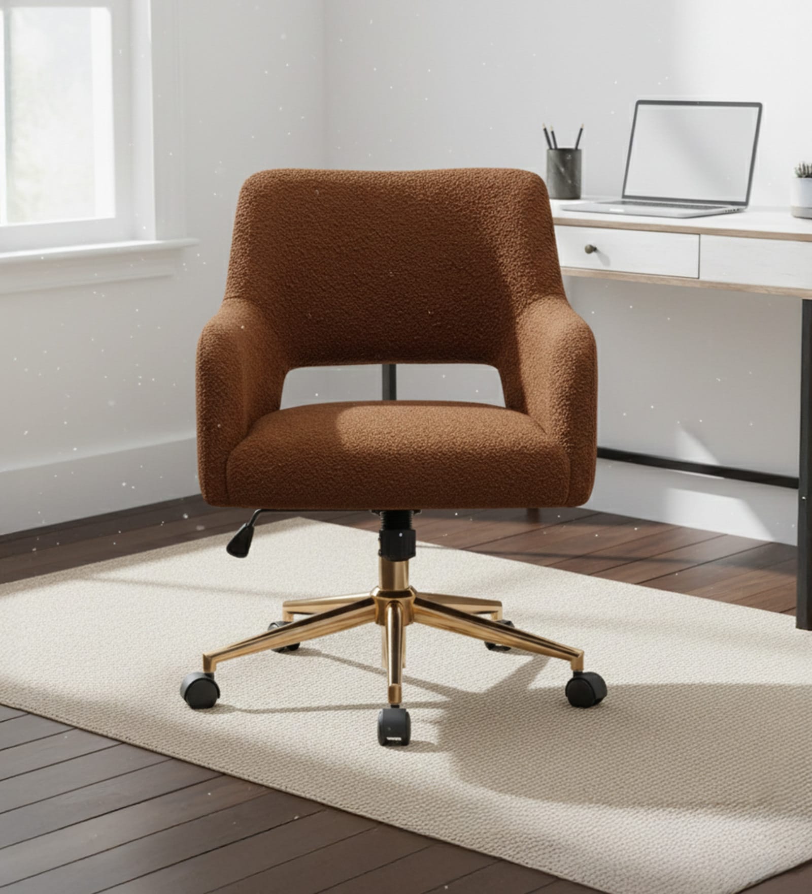 Boucle Executive Chair With 360  Swivel In Tan Colour