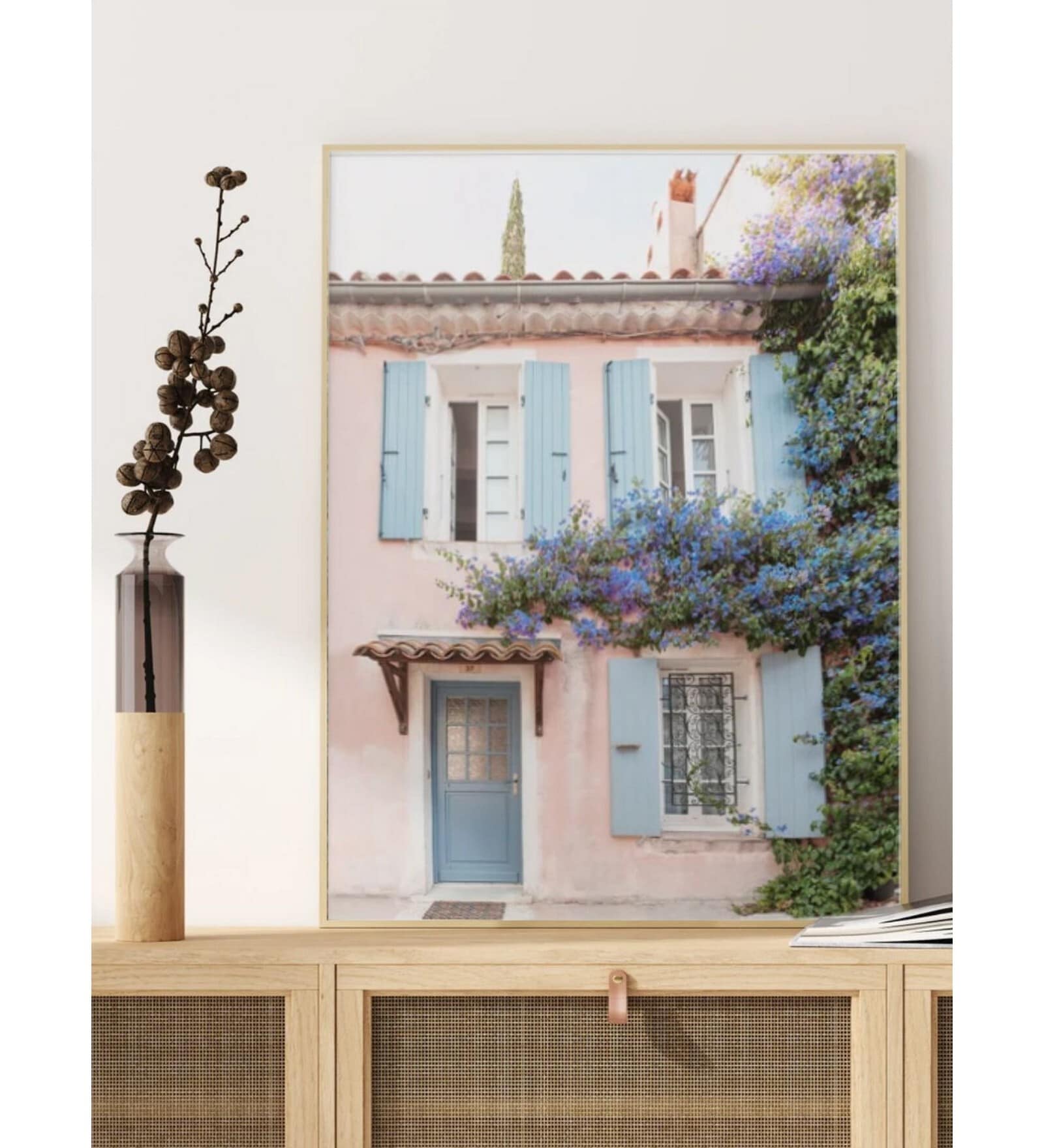 bougainvillea, beige and blue floral Mediterranean wall art
