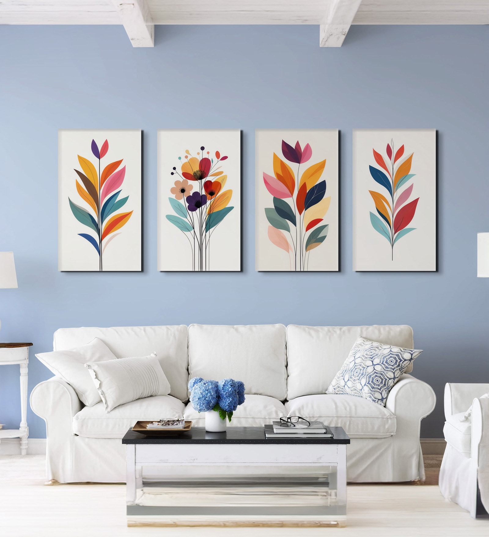 Flowers Wall Painting Canvas Set of 4 Stretch Canvas Frame