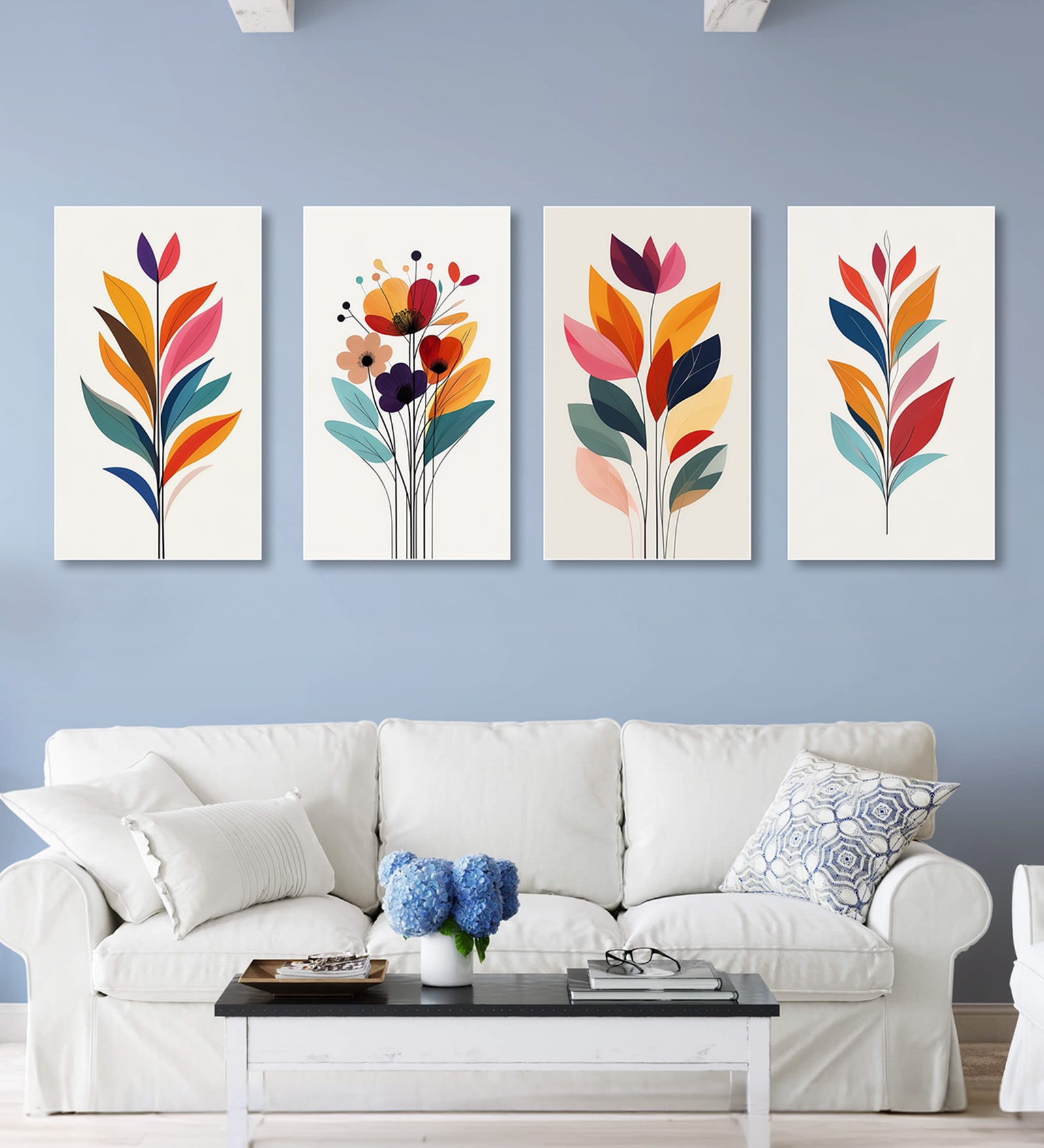 Flowers Wall Painting Canvas Set of 4 White Frame