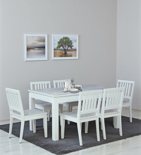 Bochov Mango Wood 6 Seater Dining Set In White Wirebrush Finish