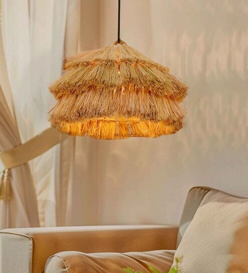 Bohemian Glow Fringed Munja 14 inch Cane Pendant Hanging Light with Brass Accents (Brown)