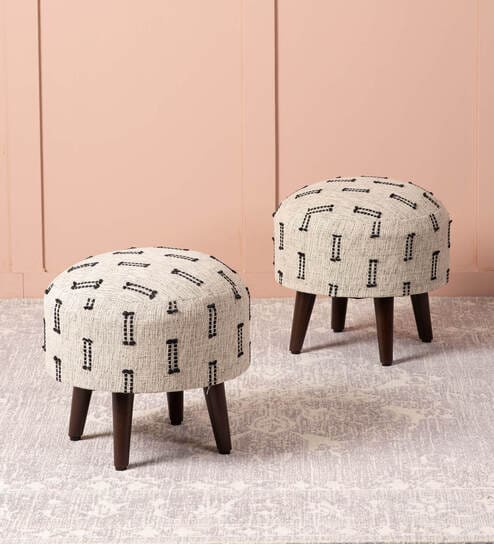Bohemian Jacquard Seating Stools in Black & Off White with (Set of 2)