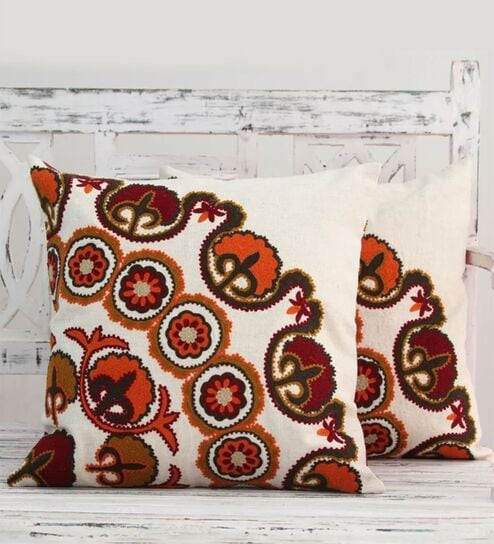 Bohemian Suzani Embroidered Corner Motif Throw Cushion Cover (18x18)