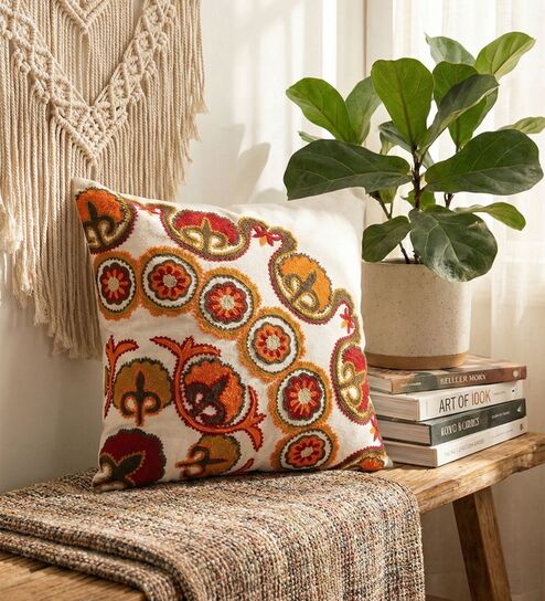Bohemian Suzani Embroidered Corner Motif Throw Cushion Cover (18x18)