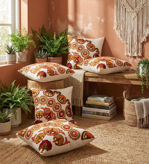 Bohemian Suzani Embroidered Corner Motif Throw Cushion Cover (18x18)