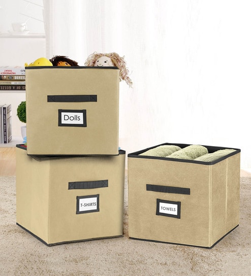 Buy Beige Black Polypropylene Cardboard Wardrobe Basket Set