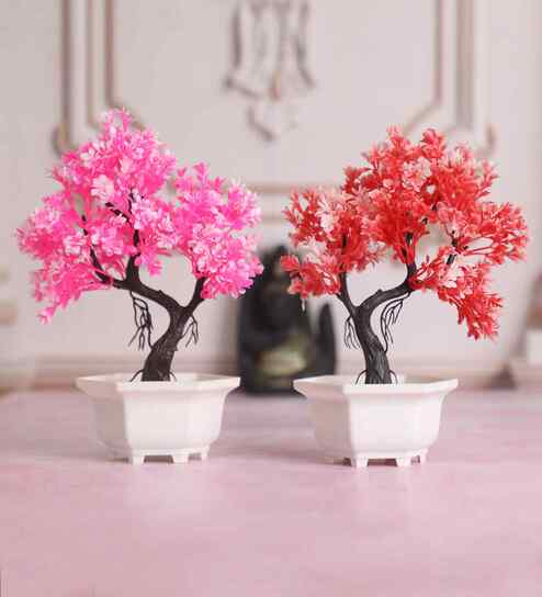 Bonsai Tree with Pink and Red Leaves - Set of 2