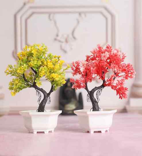 Bonsai Tree with Yellow and Red Leaves - Set of 2
