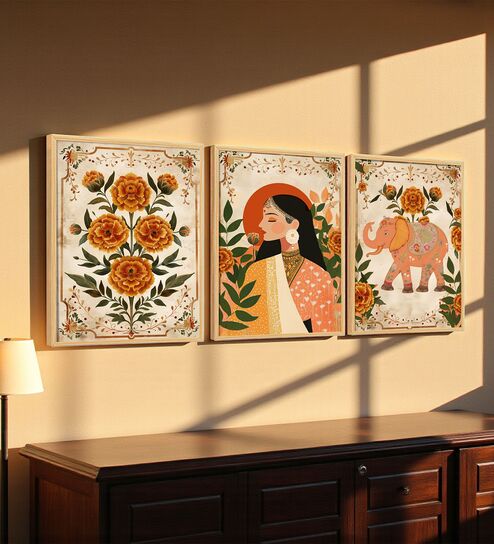 Traditional Indian Woman & Elephant Wall Art Set of 3