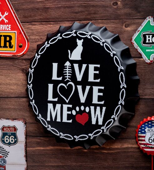 Bottle Caps Wall Decor Sign Live Love Meow Cat Theme