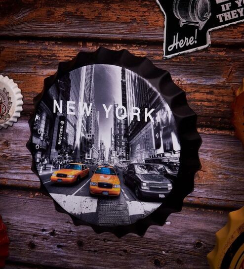 Bottle Caps Wall Decor Sign New York Vintage Theme