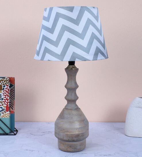 Bottle Shape Mangowood Table Lamp With Maze Print Satin Shade