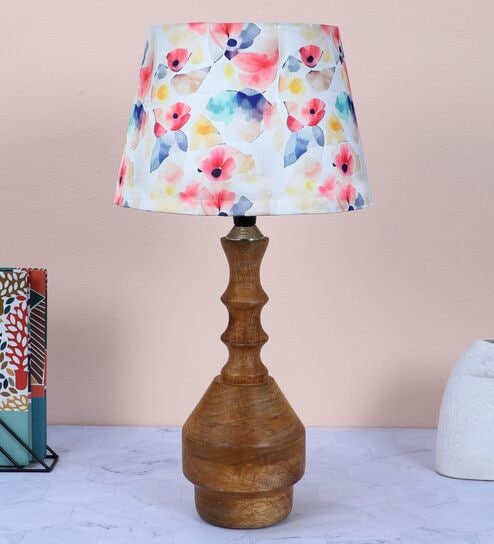 Bottle Shape Tan Color Mangowood Table Lamp With Flower Print Satin Shade