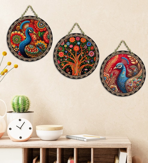 Set of 3  Floral Tree Peacock Round Wall Art