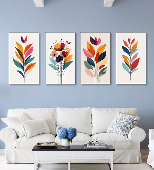 Flowers Wall Painting Canvas Set of 4 Black Frame