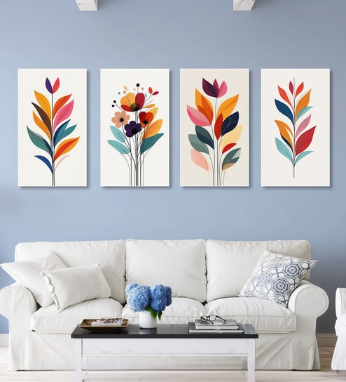 Flowers Wall Painting Canvas Set of 4 White Frame