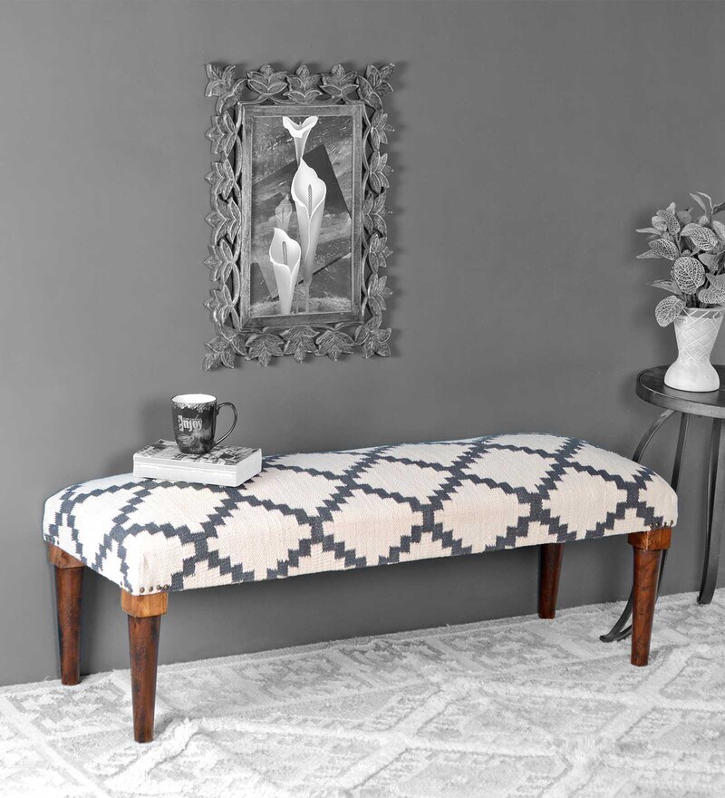 Buy Boho Fabric Upholstered Bench In Off White & Grey Colour By Natural
