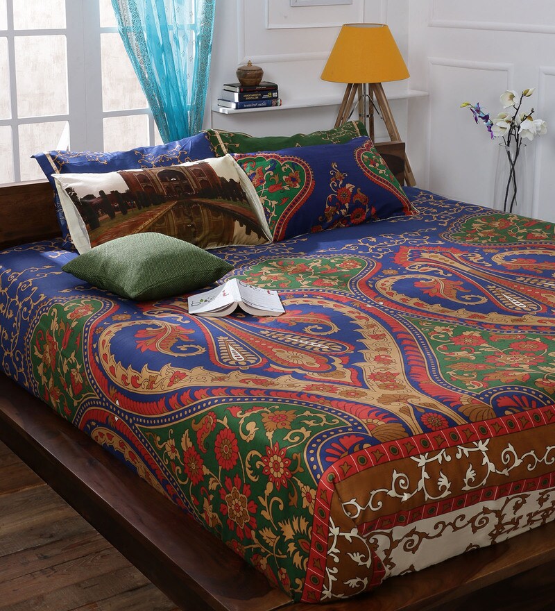 Buy Blue Cotton King Size Bedsheet Set of 5 by Bombay Dyeing Online Floral King Bed Sheets