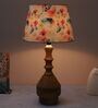 Bottle Shape Tan Color Mangowood Table Lamp With Flower Print Satin Shade