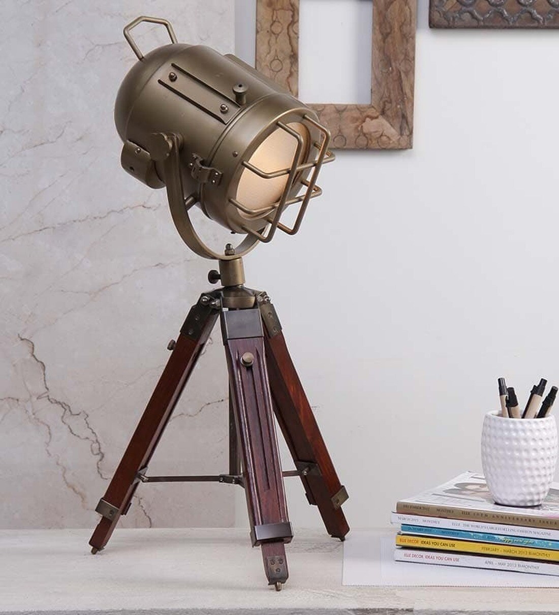 Buy Brass Metal Shade Tripod Table Lamp with Brown Base by Grated