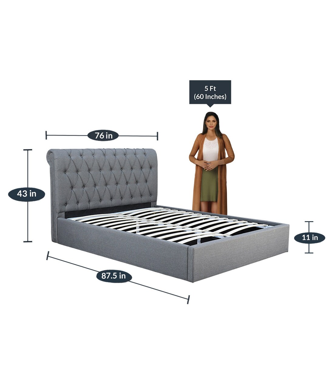 Buy Brayan Upholstered King Size Bed with Hydraulic Storage in Light Grey Colour by CasaCraft