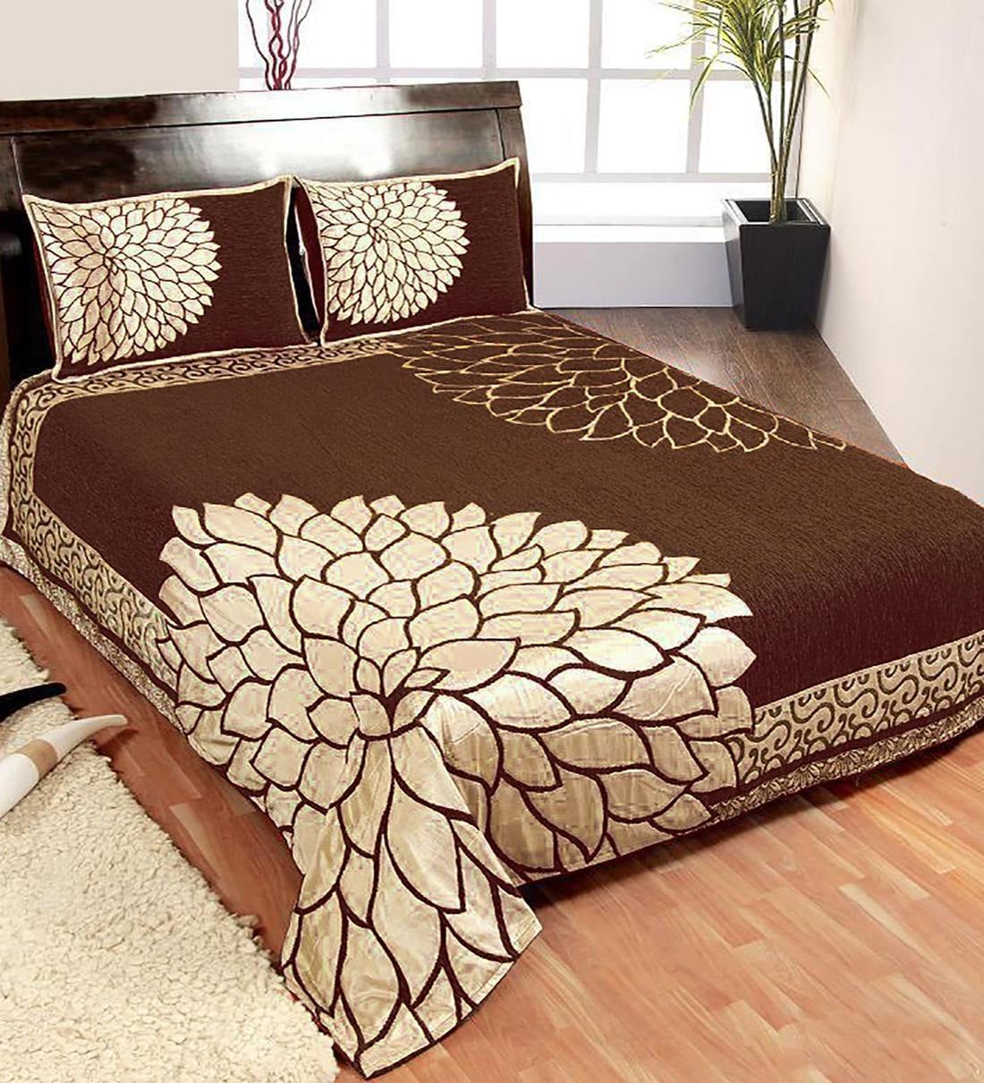 Buy Brown Abstract 500 TC Chenille Double Bed Cover with 2 Pillow ...